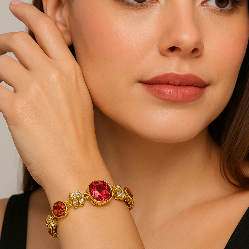7” Gold-Tone Crystal Bracelet with Red & Clear Stones